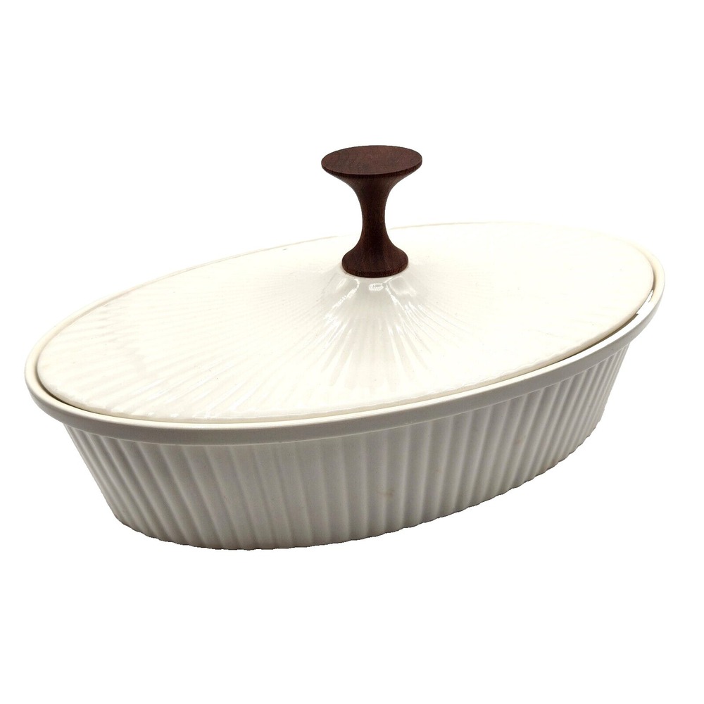 Ernest Sohn Creations White Ribbed Oval Casserole Dish Teak Handle Mid-Century